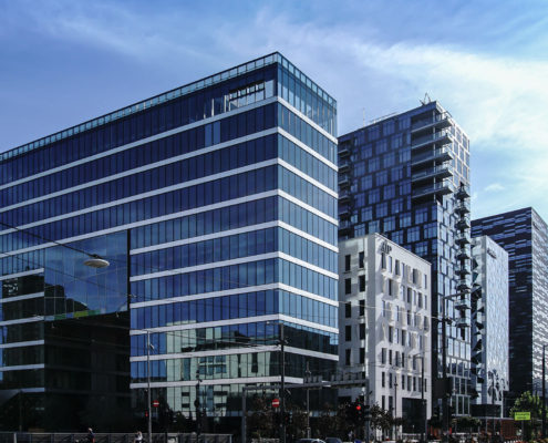 Side view of many modern office building skyscrapers